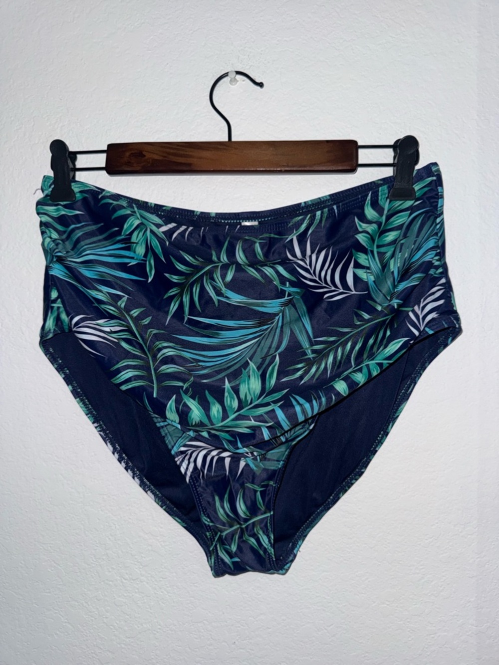 High-Waist Tropical Leaf Bikini Bottoms - Navy & Teal